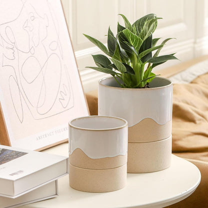 Nihow Self Watering Plant Pot for Indoor Plants: 4.5+6 Inch Ceramic Planter with Drainage Hole & Water Storage Plus - Cylinder Flower Pot with Wick for Herbs -White & Nature