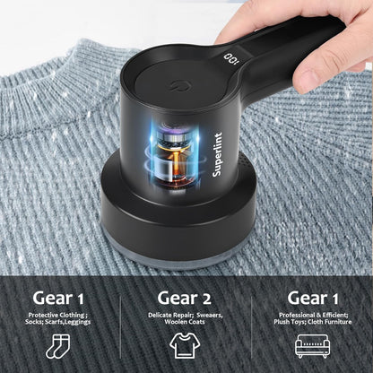 SUPER LINT Electric Fabric Shaver Electrostatic Brush, LED Display, 3-Speeds, Rechargeable Sweater Shavers to Remove Pilling for Clothing, Couch, Furniture, Black