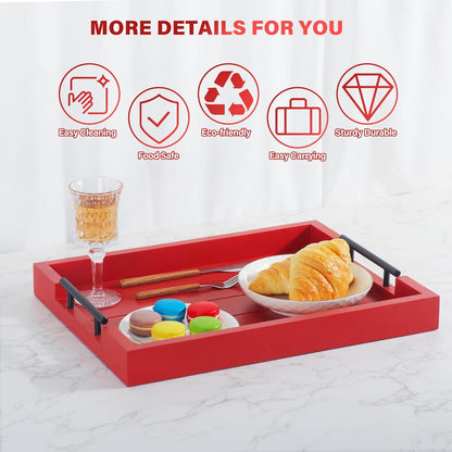 Coffee Table Decorative Serving Tray - 17x13 Inch Wood Tray with 4 Wooden Coasters - Ideal for Ottoman, Breakfast