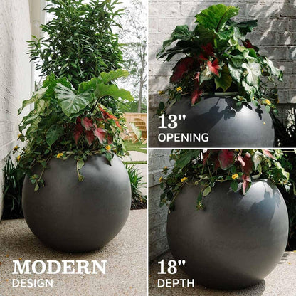 Ash & Ember Onyx 24" D Ceramic Indoor Outdoor Round Sphere Planter, Charcoal, Home Décor Evergreen Weather Resistant Modern Planter Pot, Seamless Herb & Seasonal Flower Garden Box