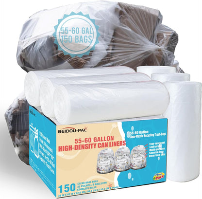 55-60 Gallon Trash Bags, 150 Count Bulk, Heavy Duty Clear Plastic Recycling Garbage Bags, Multi-purpose Can Liners for Business Home Commercial, Industrial Contractors, Storage, Outdoor