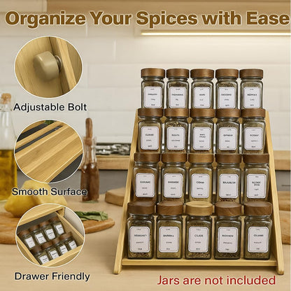 Bamboo Spice Rack Organizer - 3 Tier Foldable Wooden Spice Rack for Countertop, Cabinet & Drawer- Organic Bamboo-Extra Sturdy Wooden Spice Shelf, No Spice Jars Included