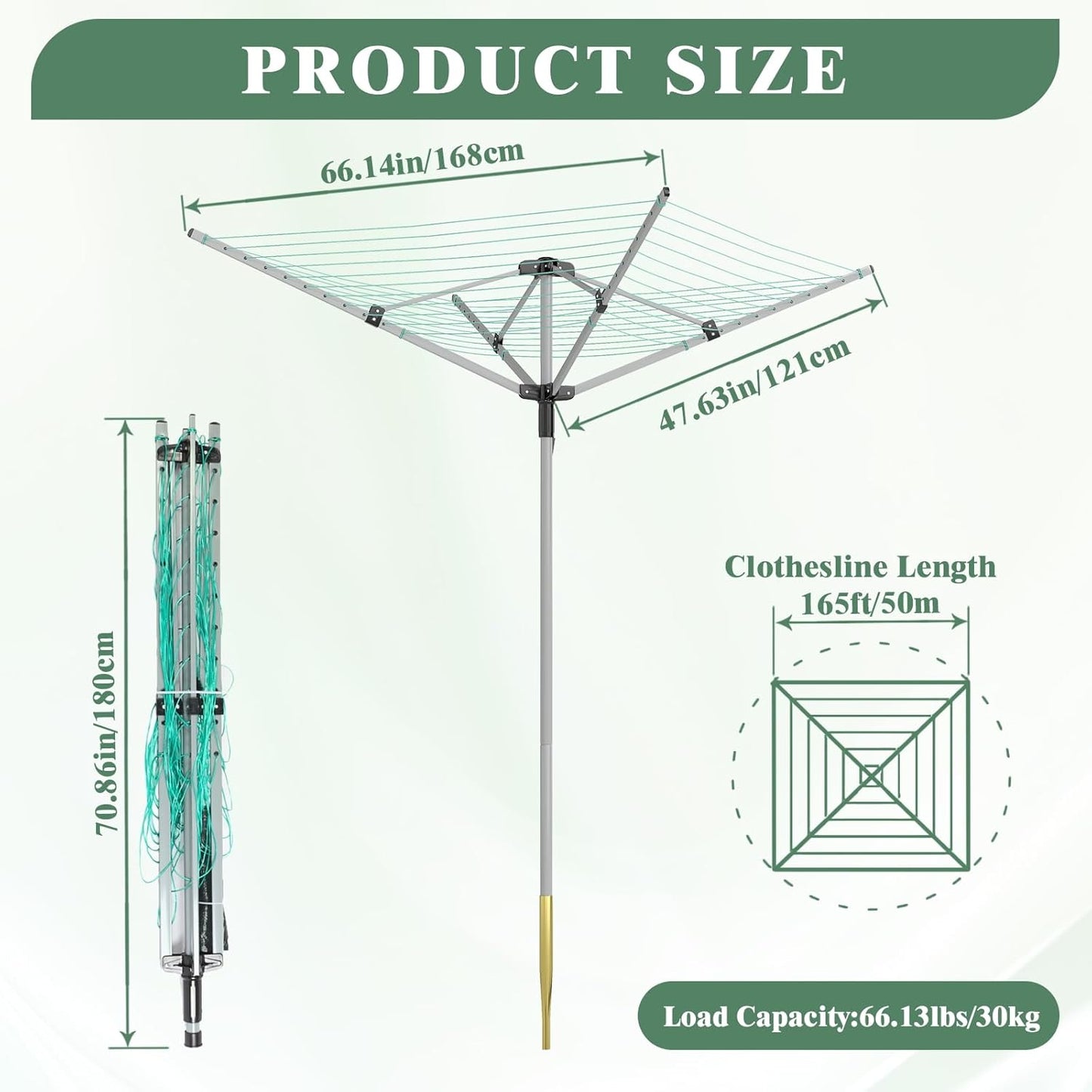 Outdoor Umbrella Drying Rack 165 Feet Umbrella Clothesline with 12 Lines Rotary Drying Rack Adjustable Height 4-Arm Foldable Clothes Drying Rack with Protective Cover for Backyard- Green