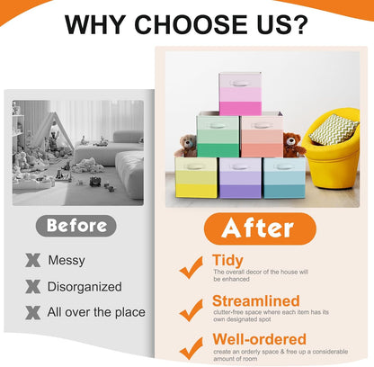 6 Pcs Fabric Storage Cubes Bins with Metal Handle 11 Inch Macaron Colored Striped Style Collapsible Bins Cube Storage Organizer for Clothes Books Kids Room Closet and Toys