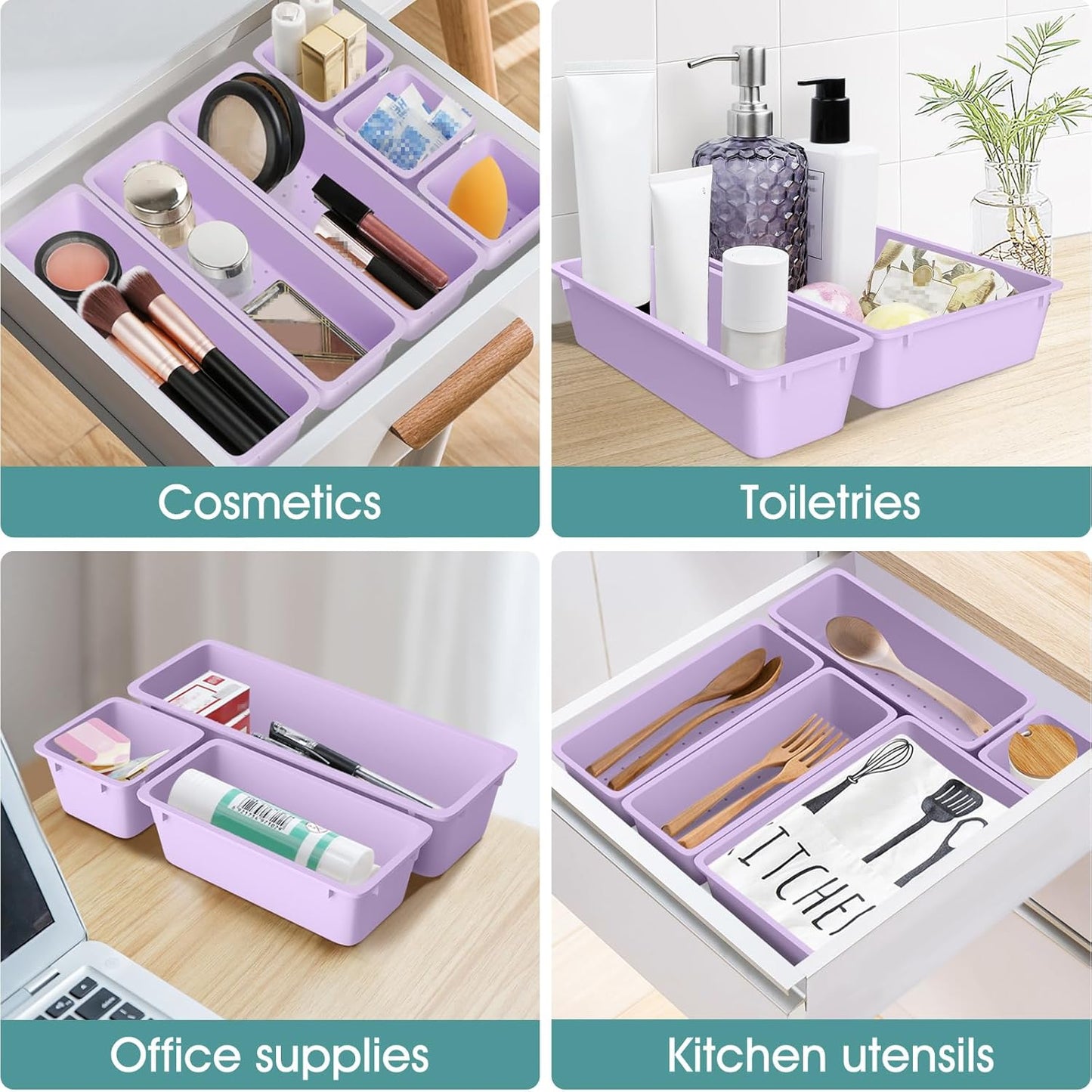 WOWBOX 25 PCS Plastic Drawer Organizer Set, 4 Sizes Desk Drawer Divider Organizers and Storage Bins for Makeup, Jewelry, Gadgets for Kitchen, Bedroom, Bathroom, Office, Purple