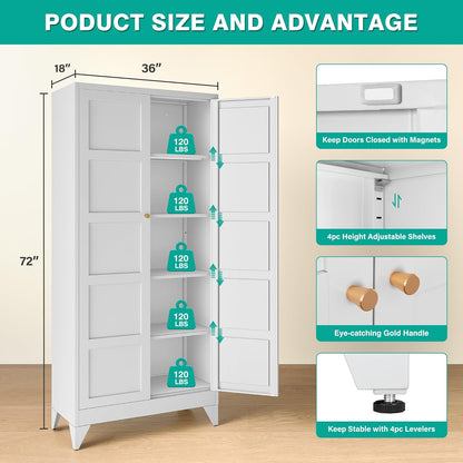 Wide & Deep Metal Storage Cabinet with 2 Doors and 5 Shelves,72 inch Tall Pantry Storage Cabinet,Large Cupboard Closet,White Cabinets for Home,Kitchen,Bathroom,Dining/Living Room