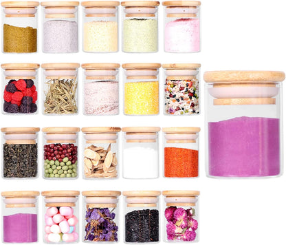 Spice Jar Set,2.5oz 20 Piece Glass Jar with Bamboo Airtight Lids and Labels, Mini Clear Food Storage Containers for pantry, kitchen canisters for Tea, Herbs, Sugar, Salt, Coffee