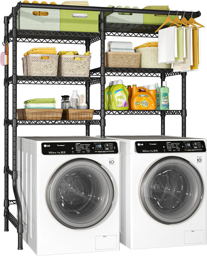 Ulif U13 Medium Over Washer and Dryer Storage Shelves, 6 Tiers Laundry Room Standing Shelf with 2 Hanger Rods, Space Saver Clothes Drying Rack, 57.8" W x 22" D x 77.4" H, Black