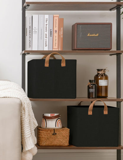 StorageWorks Storage Bins, Fabric Storage Bins for Shelves, Large Storage Baskets with Metal Frame, Closet Baskets and Bins with Handles, Black, 2-Pack