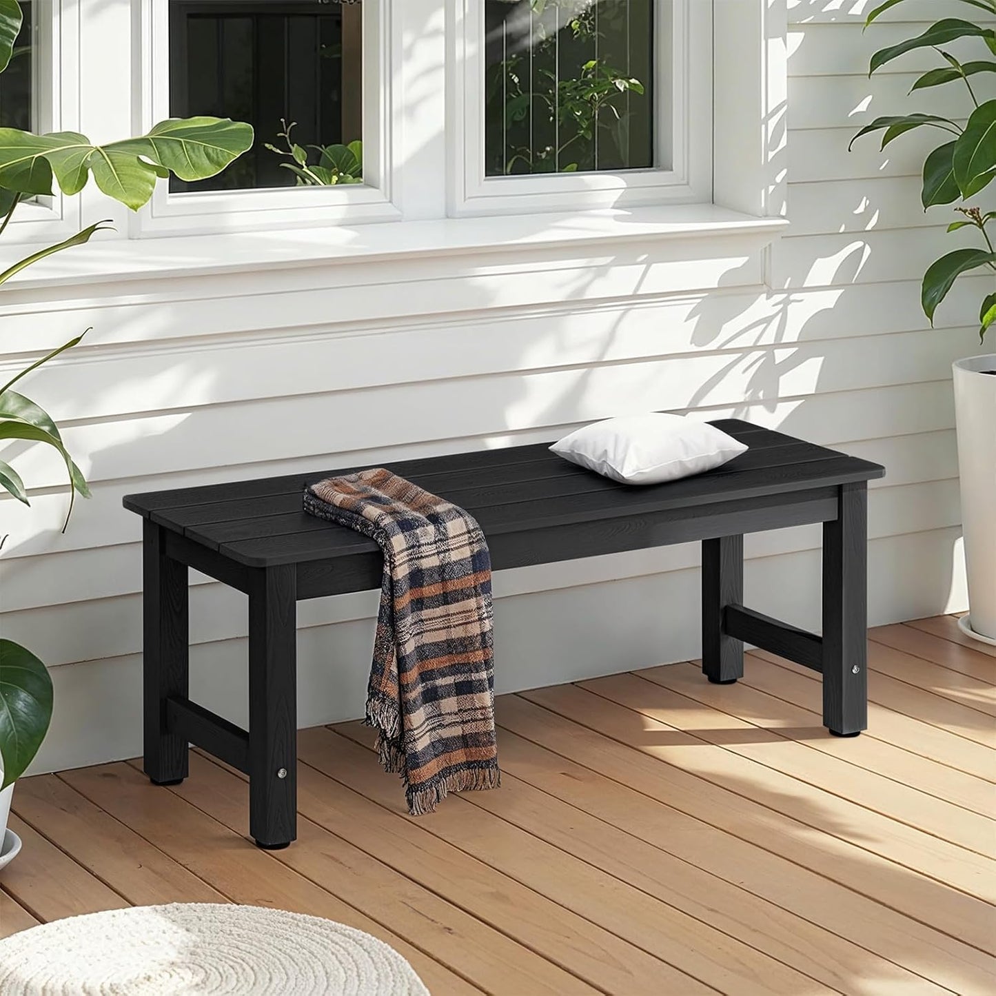 Outdoor Bench, 2-Person Poly Lumber Garden Bench, All-Weather Patio Bench Will not Rot and Fade for Garden, Porch, Backyard and Park, Easy Installation, Black