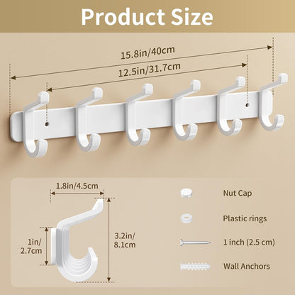 Coat Rack Wall Mounted Heavy-Duty: Metal Coat Hanger 6 Hooks for Hanging Hat, Clothes, Robe, Keys, Backpack, Bathroom Towels, Jacket, Purse - Closet, Door, Entryway, Mudroom (White, 1 Pack)