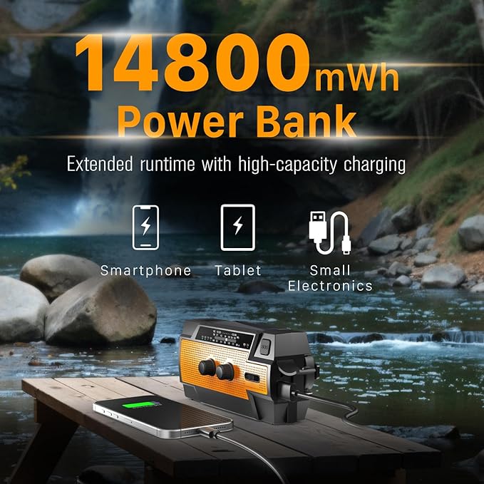 FosPower NOAA Emergency Weather Radio A3 14800mWh Portable Power Bank, AM/FM, USB/Solar/Hand Crank Charging, SOS Alarm & Flashlight for Indoor/Outdoor Emergency - Orange