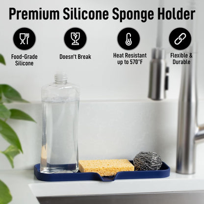 Zulay Kitchen Large Silicone Sponge Holder (12x4) – Flexible Sink Organizer Tray for Kitchen & Bathroom – Multipurpose Soap Dish for Sponges, Makeup, Trinkets & More (Dark Blue)
