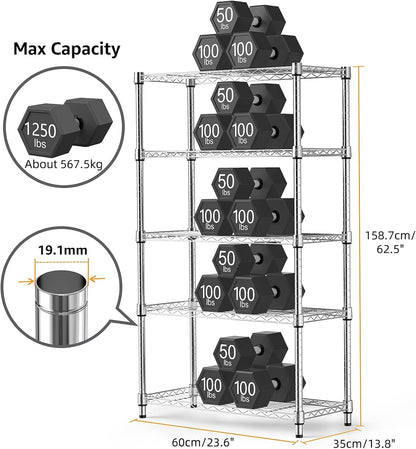 1250 lbs Steel Heavy Duty 5-Tier Utility Shelving Unit Steel Organizer Wire Rack for Home,Kitchen,Office,Chrome (13.7" D x 23.6" W x 62.4" H)