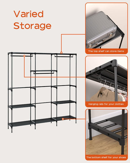 Clothes Rack, Portable Closet, 81.1 Inch Large Capacity Wardrobe Closet, Clothes Storage Organizer with Shelves and 3 Hanging Rods, Easy to Assembly, Black PCT033B01