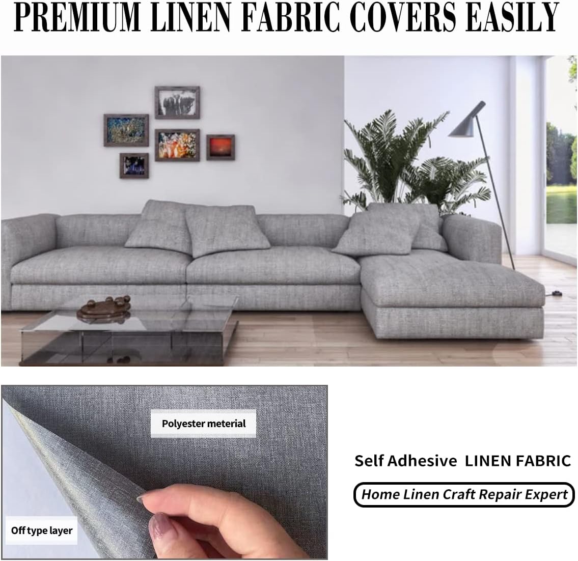 Fabric Repair Patches, 17X79 Inch Linen Repair Tape Self-Adhesive Fabric Patches Durable, DIY Large Linen Tape for Sofa, Couches, Furniture, Chair, Clothing （17X79 Inch, White）