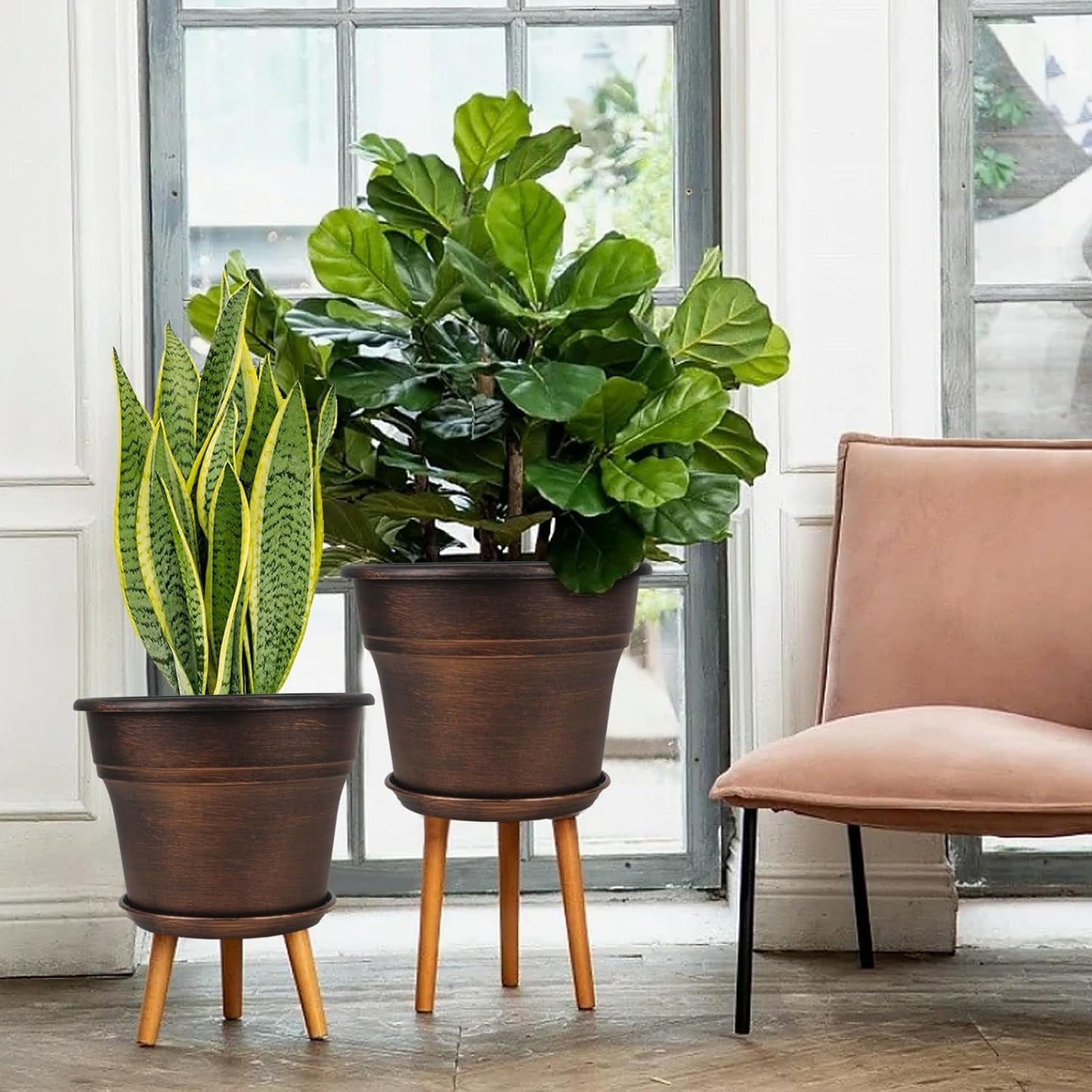 Plant Planters Pots Set of 4 Pack 13 Inch，Large Plastic Flower Pot for Indoor Plants with Drainage Holes & Trays, Resin Decorative Container Sets with Saucer for House Outdoor Garden Plant Copper