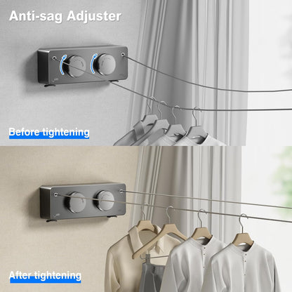 Retractable Twin Clothesline Indoor, Non-Sagging Outdoor Clothes Line Retracting Heavy Duty Clothes Drying Laundry Line Wall Mounted Stainless Steel Line-13.8Feets(Double Line-Gray)