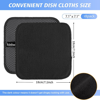 KinHwa Kitchen Washcloths for Dishes Absorbent Microfiber Dish Cloths Quick Dry Dish Rags with Poly Scour Scrub Side Ideal for Kitchen Cleaning (Black, 7inchx7inch 18 Pack)