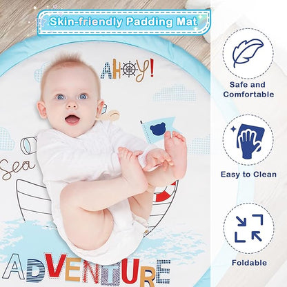 Baby Play Mat, 4-in-1 Baby Play Gym Tummy Time Mat with Ball Pit and 5 Detachable Toys for Newborn to Develop Sensory Exploration and Motor Skill 0-6-12 Months