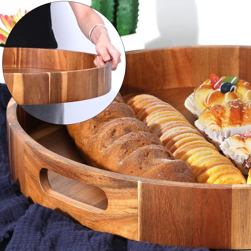 Extra Large Round Serving Tray, 20INCH, Heavy Duty Acacia Wood Trays for Big Ottoman Coffee Table Counter Giant Decorative Organizer Tray, Huge Kitchen Serveware Cheese Board Charcuterie Tray