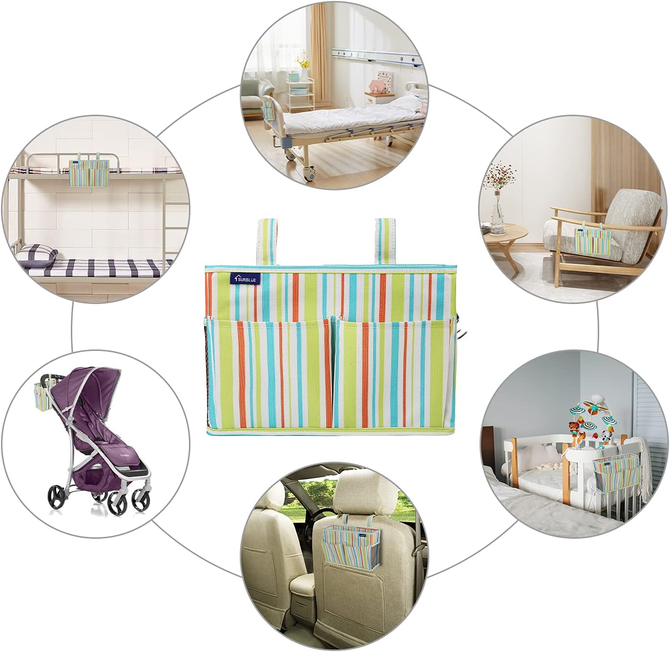 Surblue Bedside Caddy Hanging Bed Organizer Storage Bag Pocket for Bunk and Hospital Beds, College Dorm Rooms Baby Bed Rails,Wheelchair Side Bag,Camp Chiars,4 Pockets and 2 Hooks (Small GreenStripe)