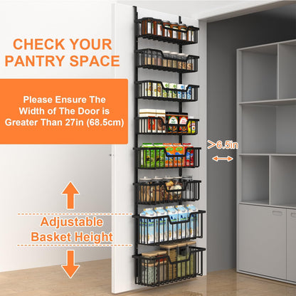 Over The Door Pantry Organizer, 8-Tier Pantry Door Organizer Shelves | 3 Sizes | Adjustable Basket | Metal Hanging Spice Rack for Kitchen, Pantry, Cabinet, Back of Door Seasoning Rack, Black