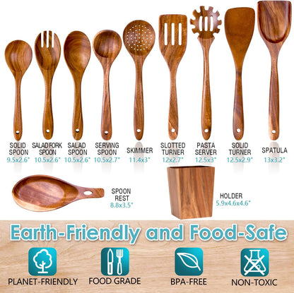 Wooden Spoons for Cooking, Acacia Wood Cooking Utensils Set – 11 Piece Wooden Kitchen Tools with Holder, Spoon Rest, Nonstick Cookware Safe by HOWHONG