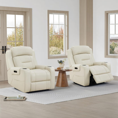 Watson & Whitely Genuine Leather Power Recliner Chairs for Adults, Lay Flat Recliner with Power Headrest, USB Ports and Cup Holders, Electric Reclining Sofa for Living Room, Bedroom, Cream