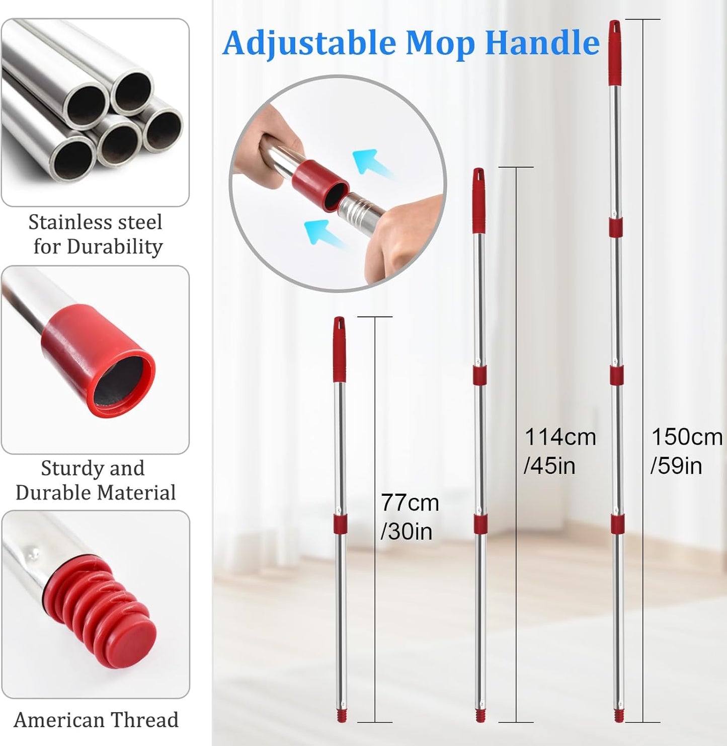 Mop Handle for Ocedar, Spin Mop Handle Replacement for O Cedar, 4 Section 30" to 58" Mop Handles for Ocedar Spin Mop, Include Mop Stick, Upgrade Mop Scrubber Head and Mop Base for Cedar Mop