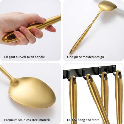 304 Stainless Steel Cooking Utensils,6 Pcs Kitchen Cooking Utensils Set with Spatula, Solid Spoon, Ladle, Skimmer, Spaghetti Spoon,Dishwasher Safe(Gold)