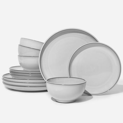 Santorini Mist Terracotta Reactive Glaze Plates and Bowls Sets, Stoneware Dinnerware Sets, Microwave and Dishwasher Safe Ceramic Dish Set Service for 4, Moonstone White