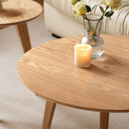 100% Solid Oak Wood Coffee Table Set, Round Coffee Table Combo Side Table w/Solid Wood Legs, Mid Century Table Sturdy Tables for Bedroom Balcony Living Room (Natural, 3 Pieces)