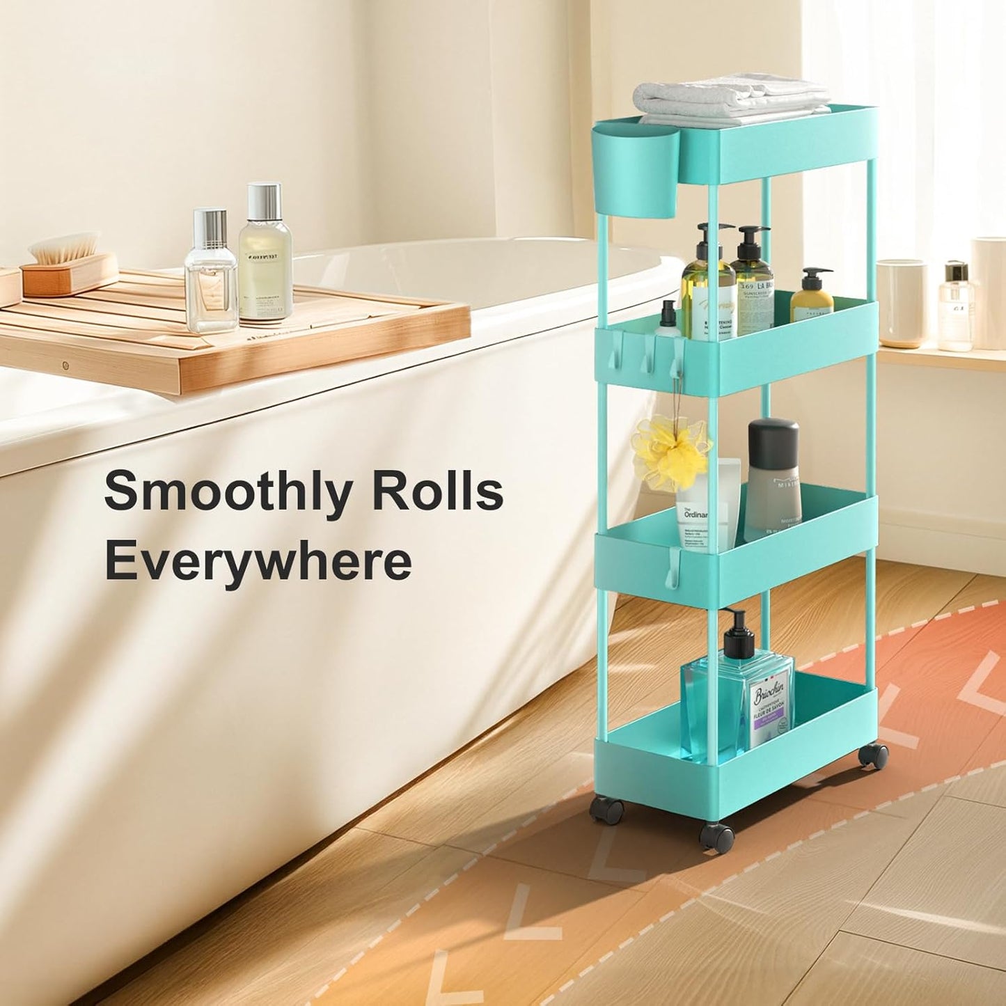 Pipishell Slim Storage Cart with Wheels, 4 Tier Bathroom Storage Organizer Rolling Utility Cart for Bathroom Kitchen Laundry Room Office Narrow Place (Turquoise)