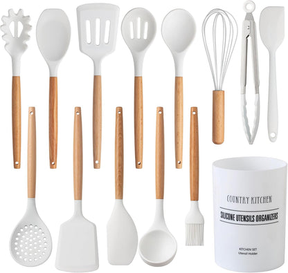 Country Kitchen Non Stick Silicone Utensil Set with Rounded Wood Handles for Cooking and Baking, 14 Piece Set, White
