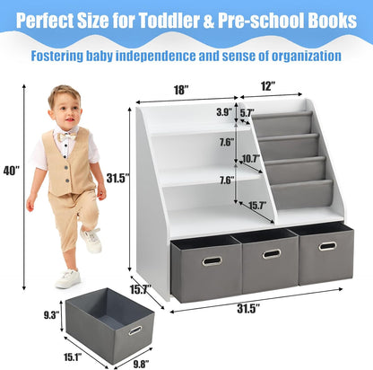 Wood Kids Bookshelf, Toy Organizer with Bookshelf, Montessori Toy Shelf W/Sling Rack & Fabric Toy Bins, Toy Storage Organizer for Toddler Children, Wooden Book Shelf for Kids Room Playroom