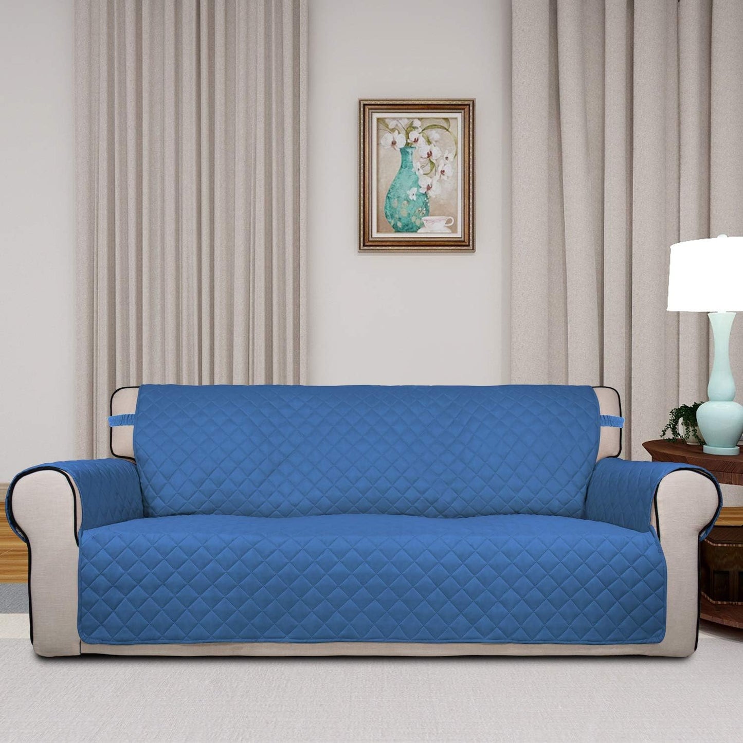 PureFit Reversible Quilted Sofa Cover, Water Resistant Slipcover Furniture Protector, Washable Couch Cover with Non Slip Foam and Elastic Straps for Kids, Dogs, Pets (X Large, Blue/Ivory)