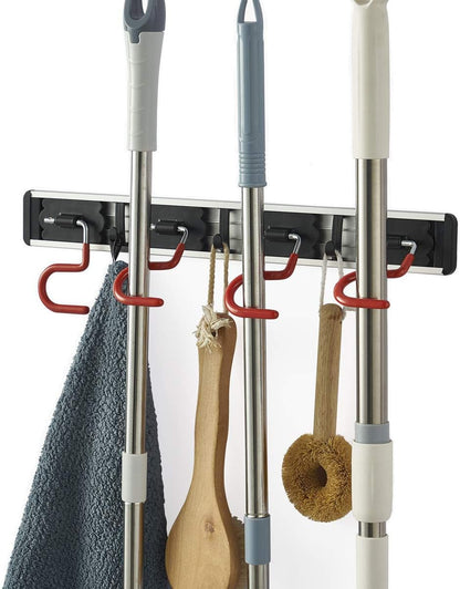 QBOSO Wall Mounted Mop and Broom Holder Stainless Steel S Type Broom Rack Anti-Slip Mop Organizer (17 Inches,4 Positions 3 Hooks, Red black) (17inch)