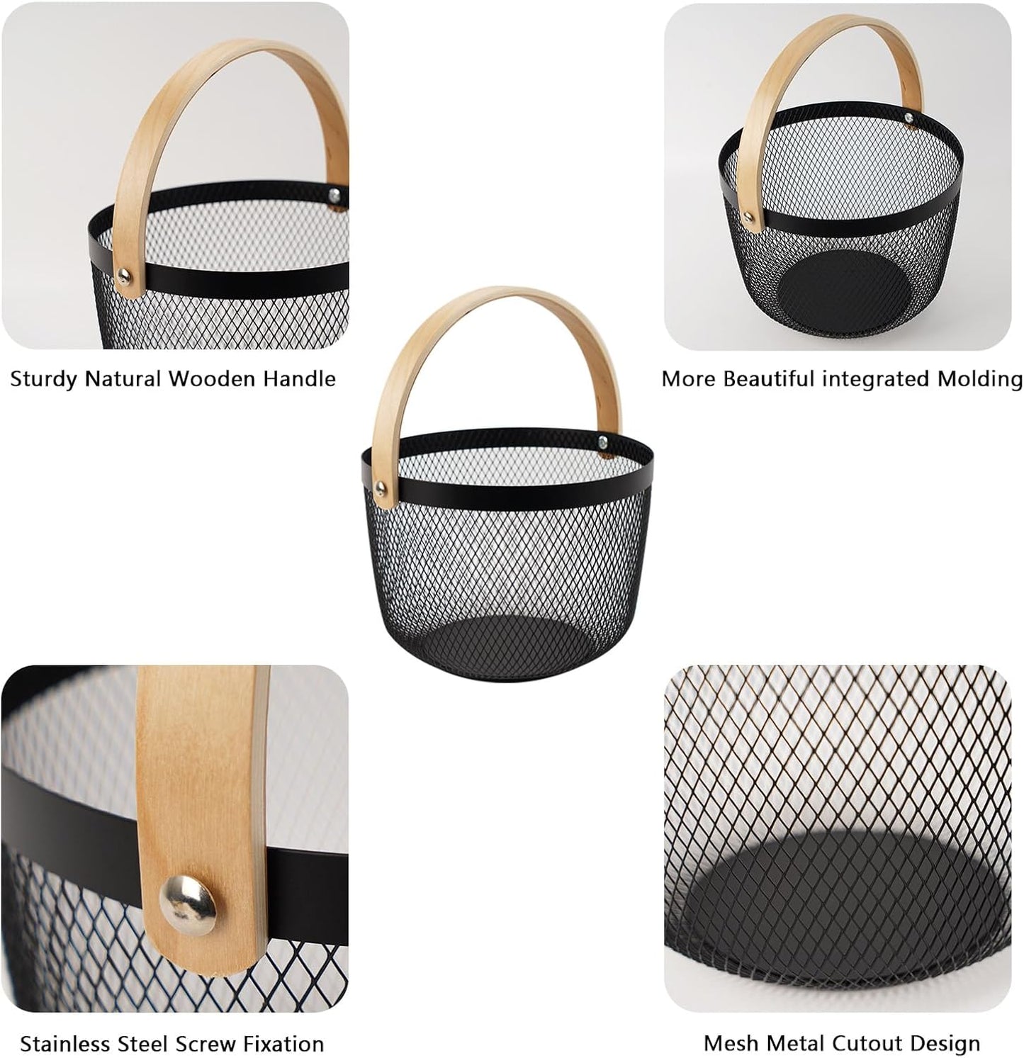 Metal Mesh Steel Basket, Garden Harvest Basket for Gathering Vegetables Round Wire Basket with Handle Storage Organizer Multi-functional Hanging Fruit Basket for Kitchen Bathroom Picnic