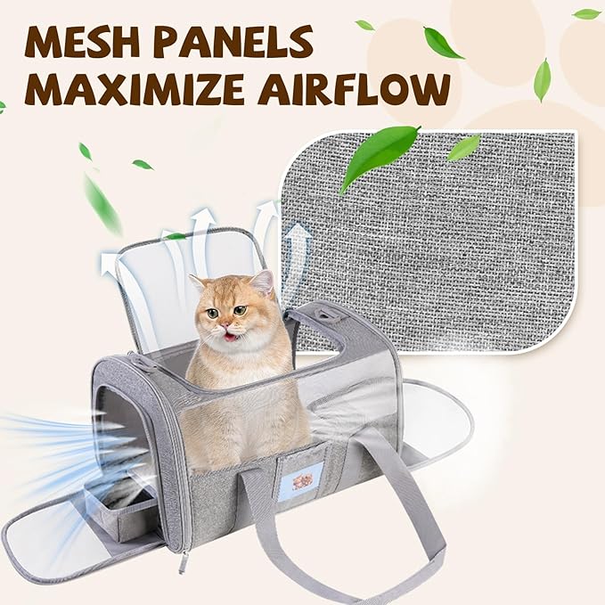 Cat Carrier Soft for Pets Up to 25 Lbs, Cat Travel Bag with Padded Shoulder Strap and Detachable Cat Food Bowl, Pet Dog Carriers for Small Dogs Travel Puppy Carry Airline Approved, Grey