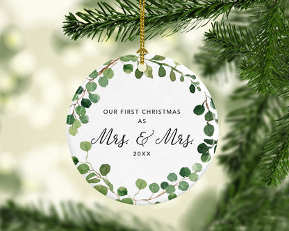 Andaz Press Custom Year Round Ceramic Porcelain Christmas Tree Ornament Keepsake Collectible Gift, Our First Christmas as Mrs. & Mrs. 2025, Farmhouse Eucalyptus Wreath, 1-PackLesbian Couple