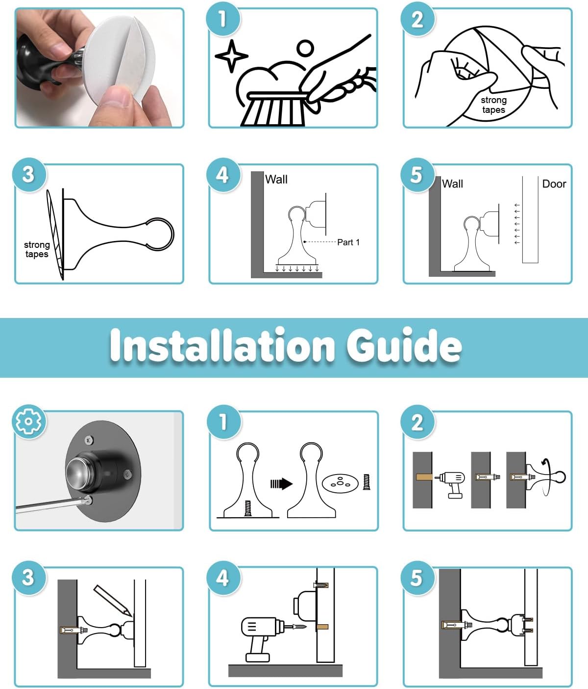 Door Stoppers Magnetic Door Catch - 4 Pack Stainless Steel Heavy Duty Door Stops for Bottom of Door, Wall & Floor Mounting No-Drill Strong Adhesive & Screws, Strong Door Holder to Keep Door Open