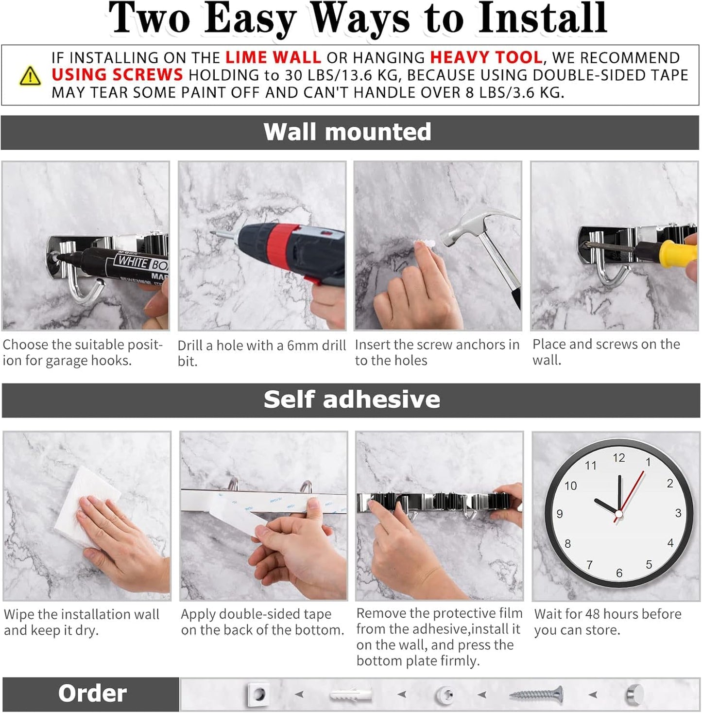 2 Racks and 3 Hooks Broom and Mop Holder Wall Mounted Garage Organizer Storage Tool Racks Stainless Steel Heavy Duty Hooks Self Adhesive Solid Non-slip Wall Hangers for Home Kitchen Garden Laundry