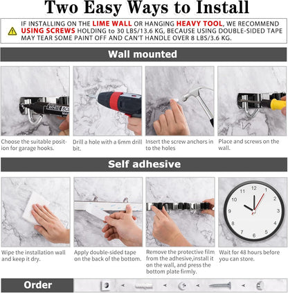 2 Pack 3 Racks and 4 Hooks Broom and Mop Holder Wall Mounted Garage Organizer Storage Tool Racks Stainless Steel Heavy Duty Hooks Self Adhesive Solid Non-slip Wall Hangers for Home Kitchen Garden