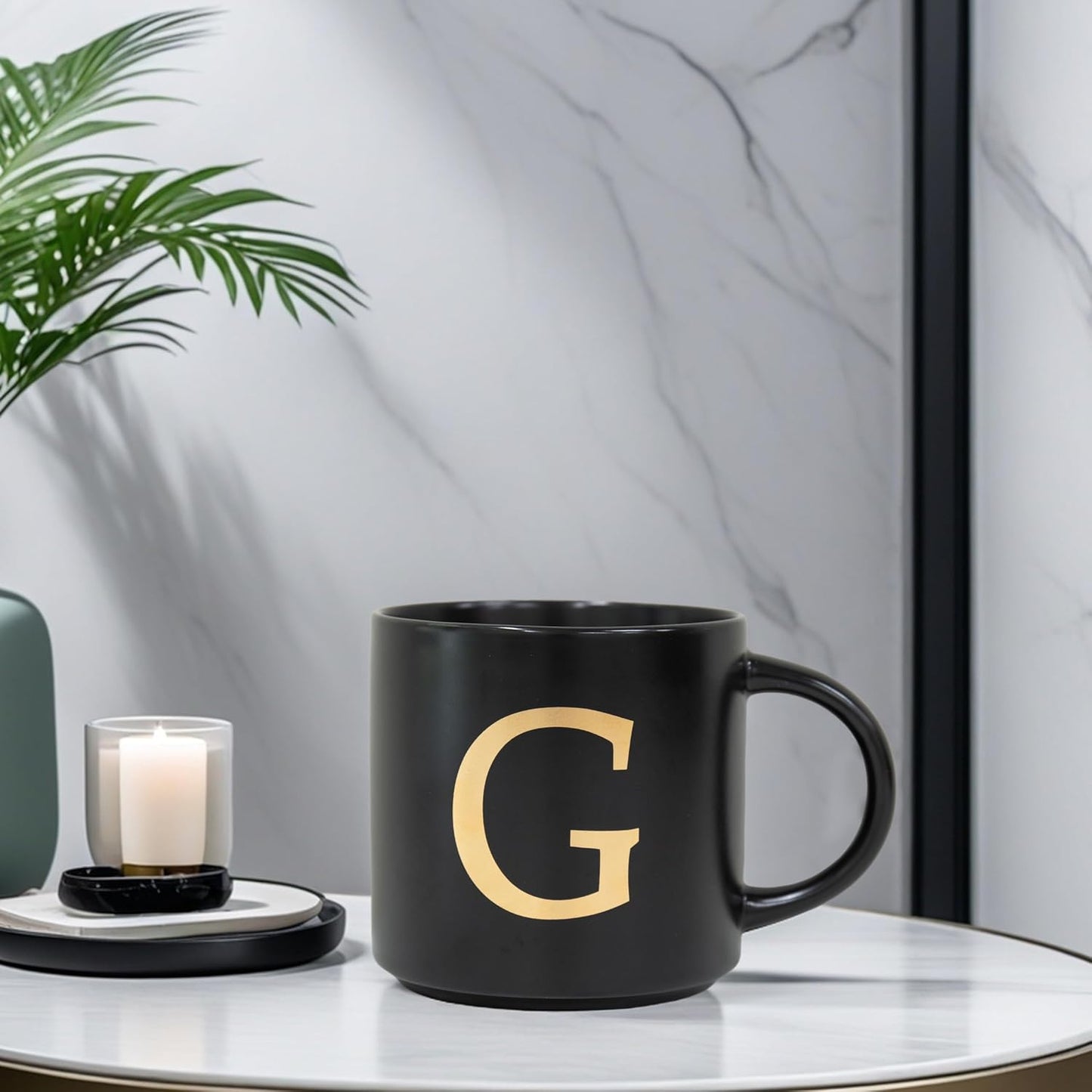 COLLECTIVE HOME - Monogram Ceramic Mugs, 15 oz Golden Initial Black Coffee Cups, Elegant Alphabet Tea Mugs, Elegant Personalized Mug with Gift Box, Unique Mug with Double Side Capital Lette (G)