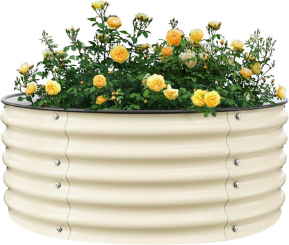 Round Raised Garden Bed Kit, 3.5x3.5x1.4Ft Outdoor Zinc-Aluminum-Magnesium Metal Flower Beds Stainless Steel Patio Ground Planter for Planting Vegetables (Ivory)