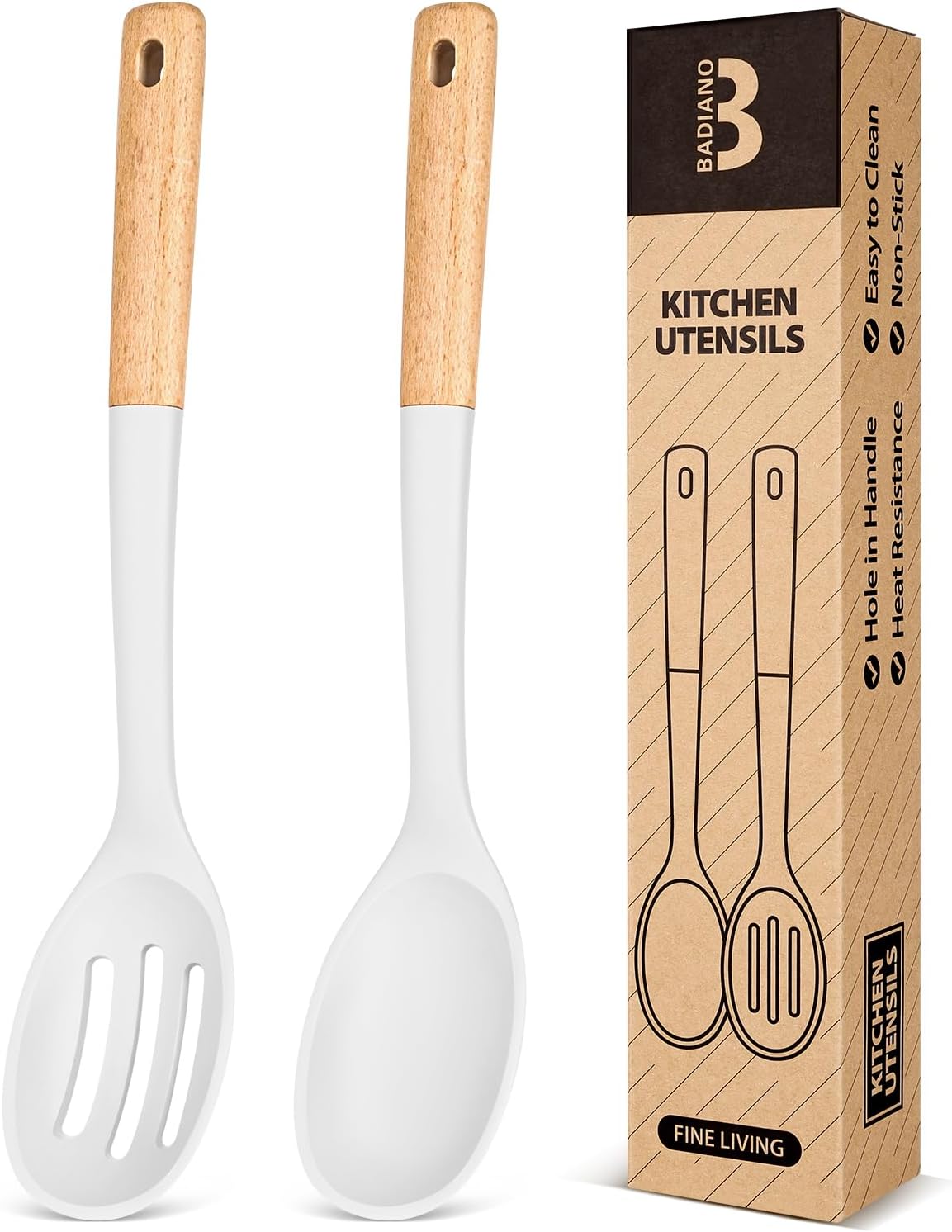Silicone Cooking Spoons, Great for Scooping Sides and Serving Hearty Stews, BPA-Free Matte Silicone, Wooden Handle Serving Spoon for Nonstick Cooking Surfaces (White)