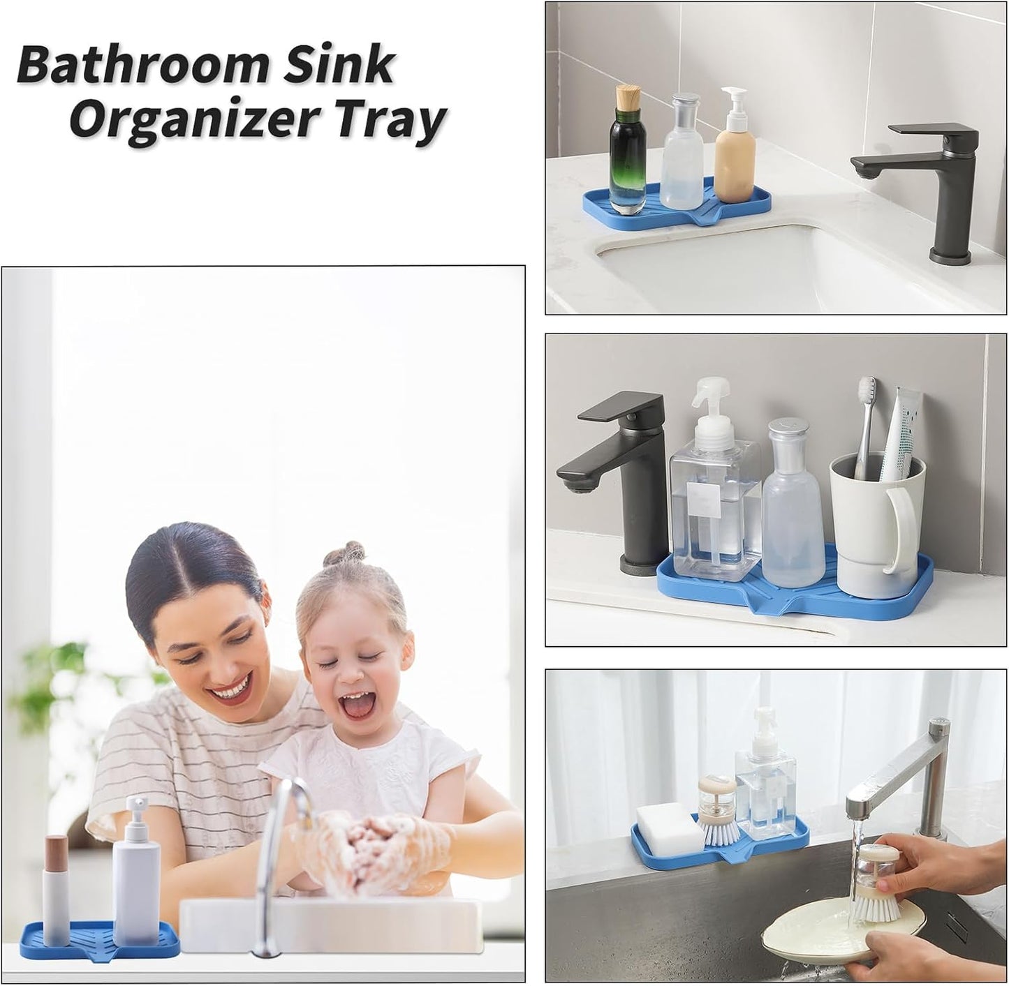 Silicone Bathroom Soap Dishes with Drain Spout Bathroom and Kitchen Sink Organizer,Sponge Holder,Dish Soap Tray,Perfect for Dispenser,Scrubber,Bottle,Cup on Counter Lichen Blue 9.6"×5.3"