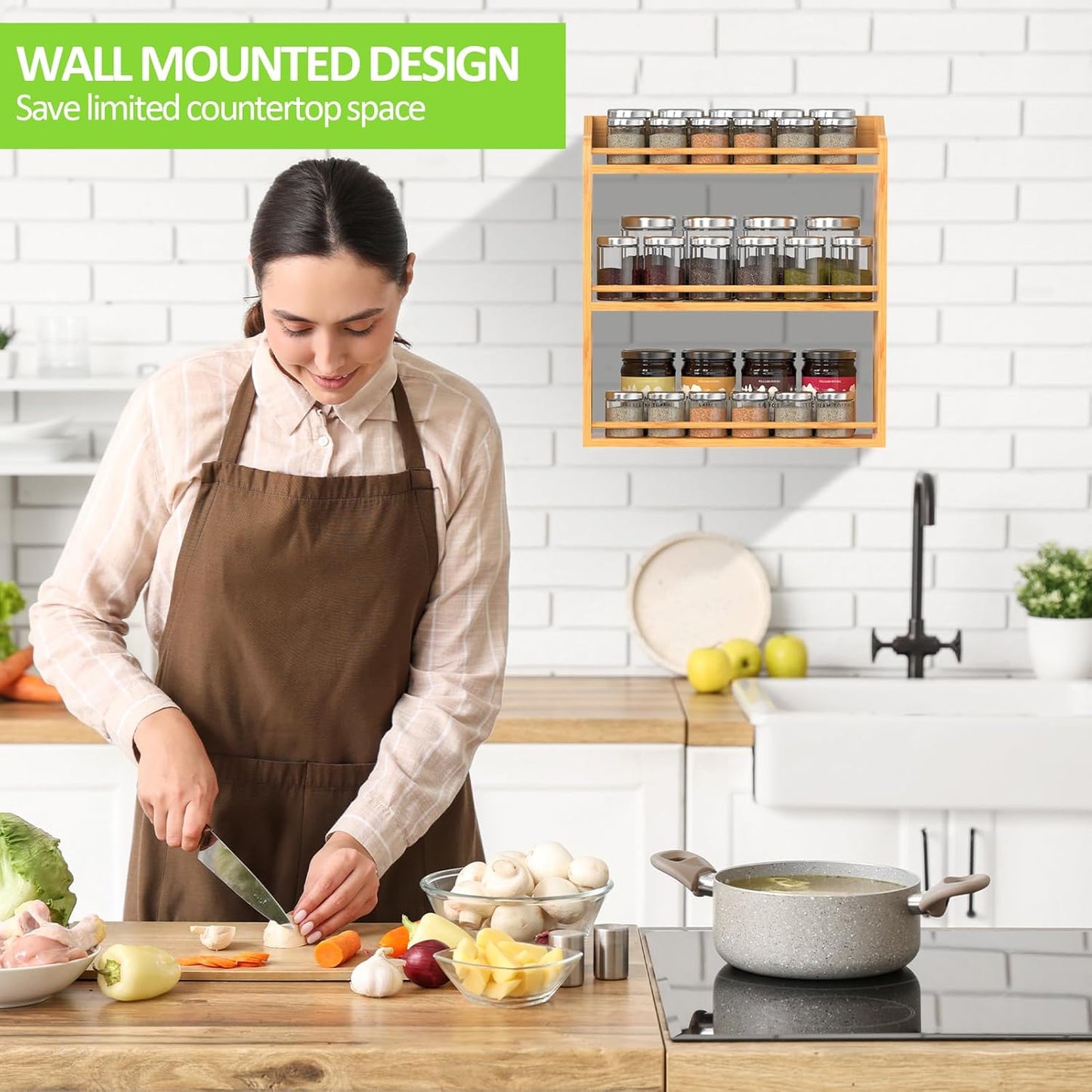 Bamboo Spice Rack Organizer, 3 Tier Spice Jars Shelf for Kitchen Countertop or Wall Mounting