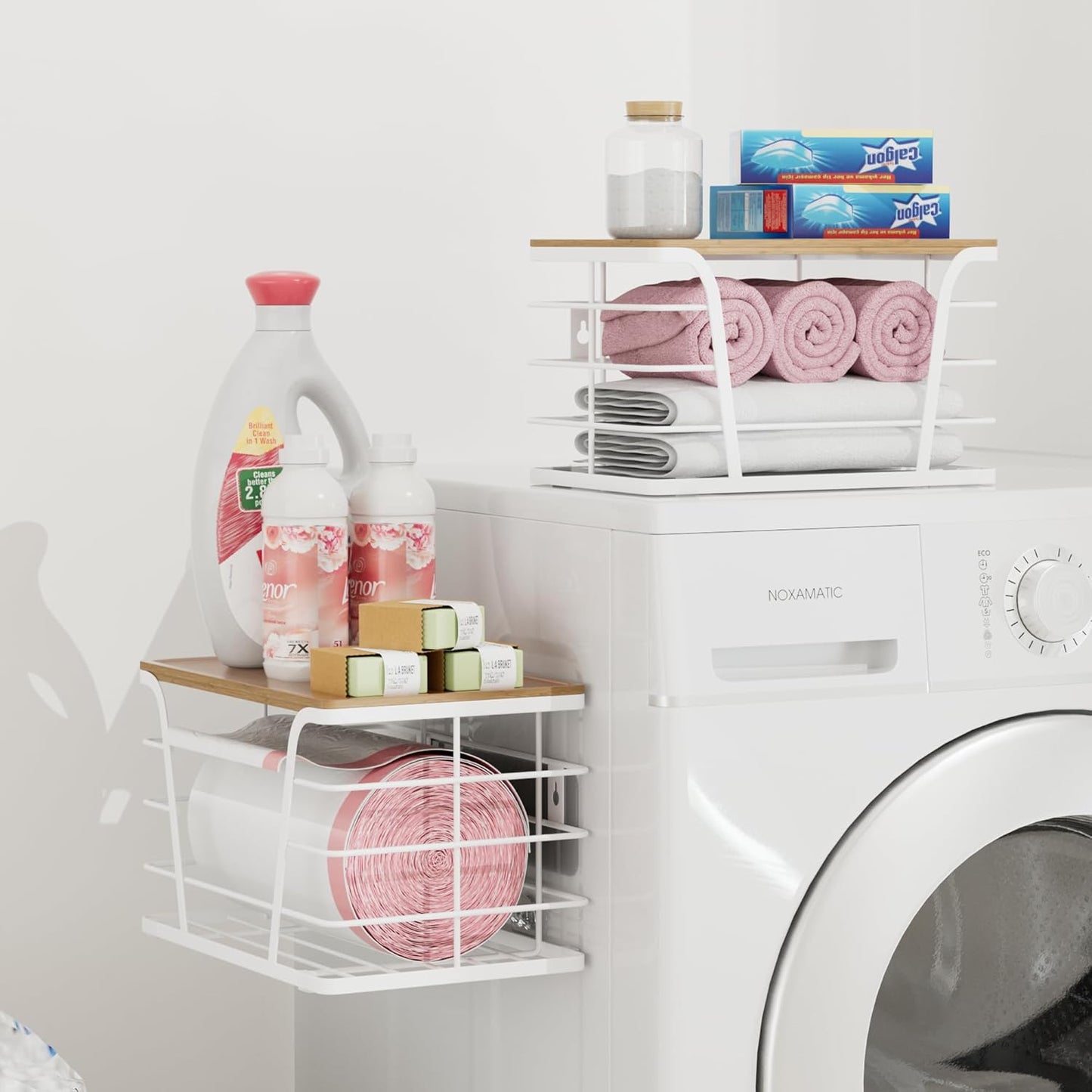 Extra Large 2 Pack Stackable Pantry Organizers - Laundry Room Organization & Decor, Kitchen Decor, Wall Mount Trash Bag Holder with Bamboo Top, White